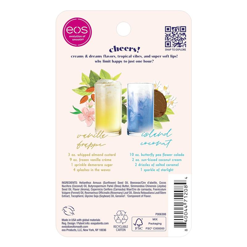 eos Sunset Sips Lip Balms- Island Coconut & Vanilla Frappe, All-Day Moisture, Lip Care, 0.14 oz, 2-Pack