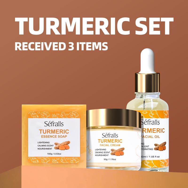 Turmeric Facial Care Kit, 3 Counts set Including Turmeric Facial Cream & Essence Soap & Facial Oil, Natural Ingredients Mild and Non Irritating Cleaning Kit