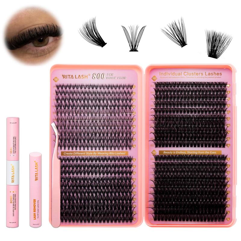 Individual False Eyelashes with Eyelash Extension Glue & Lash Remover & Tweezer, 1 Box Self Grafting Curl Eyelashes for Eyelash Extensions, Eye Makeup Enhancement False Eyelashes, Lash Clusters Kit, Makeup Set, Christmas Gift