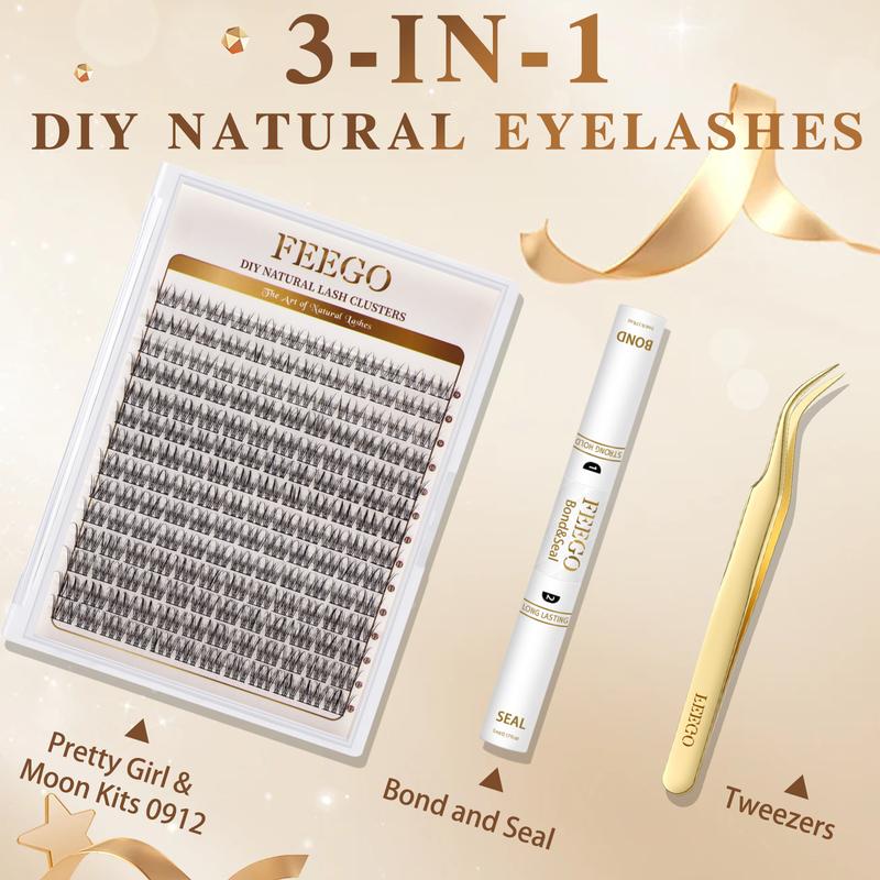 FEEGO Natural Lash Extension Kit 168Pcs Lash Clusters Kit Wispy Eyelash Extensions 9-12MM Individual Lashes Extensions Waterproof Lash Kit with Bond and Seal Lash Glue and Eyelash Extension Tweezers DIY at Home Makeup Cosmetic