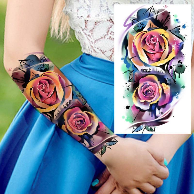 Rose & Cross Pattern Temporary Tattoo Sticker, 8 Sheets Aesthetic Rose Floral Temporary Tattoo Sticker, Party Decoration Supplies