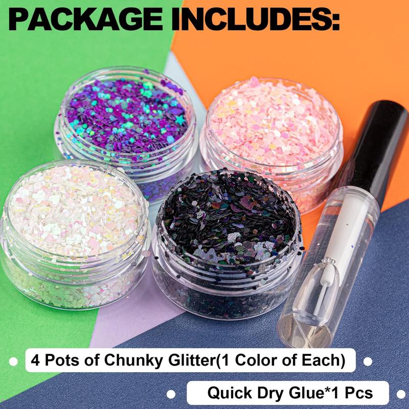 12 Colors of Holographic Chunky Glitter with Quick Dry Glue, 12 Pots Total 120g Multi-Shaped for Body Hair Face Eyes Make-up, Nail Art and Bedazzling in Party Concert Events Glitter