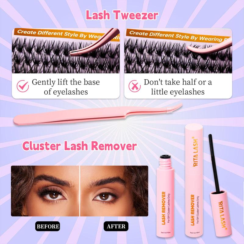 Individual False Eyelashes with Eyelash Extension Glue & Lash Remover & Tweezer, 1 Box Self Grafting Curl Eyelashes for Eyelash Extensions, Eye Makeup Enhancement False Eyelashes, Lash Clusters Kit, Makeup Set, Christmas Gift