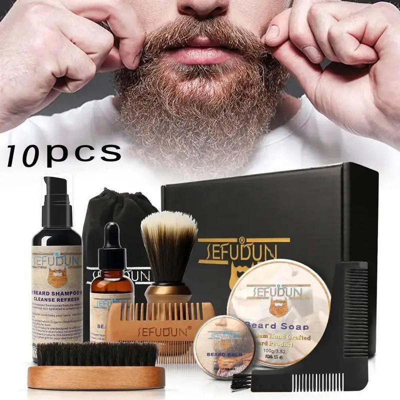 Men's Beard Care Gift Box, 1 Set Beard Care Cleaning and Styling Tool, Beard Oil, Beard Shampoo, Brush, Comb, Soap, Beard Balm, Storage Bag