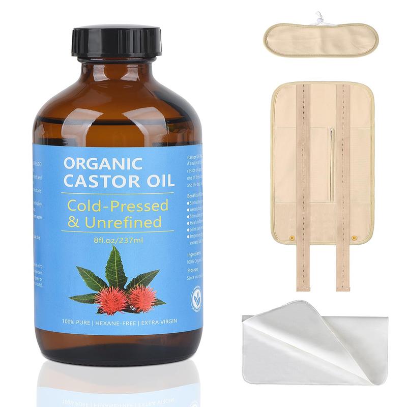 Castor Oil Organic Cold Pressed Unrefined, Organic Castor Oil Cold Pressed Glass Bottle with Castor Oil Pack Wrap and Cotton Flannel Cloth , 8oz 237ml castoroil body & massage oil Comfort Body Care Cosmetic