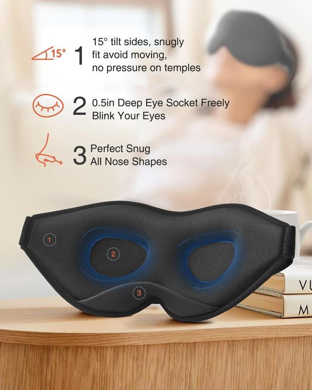 Sleep Mask, Eye Mask for Sleeping, Women Men Side Sleeper, 3D Contoured Cup No Eye Pressure 100% Blocking Light Sleeping Mask with Adjustable Strap Blindfold Yoga, Traveling, Nap, Black Foam Lightweight