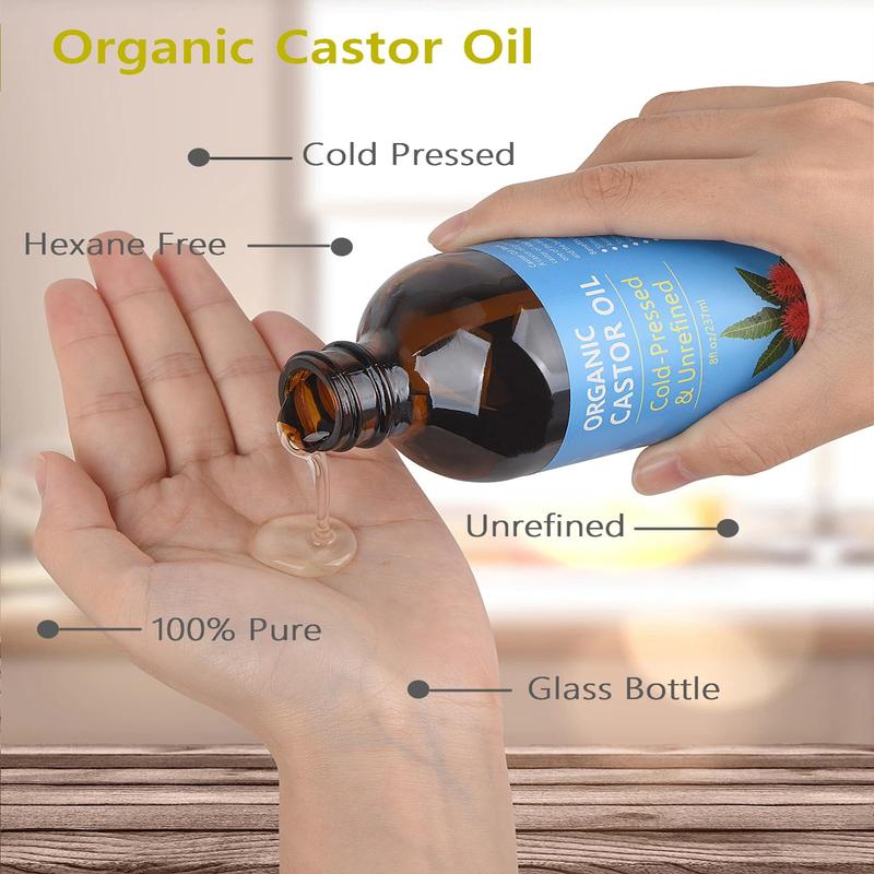 Castor Oil Organic Cold Pressed Unrefined, Organic Castor Oil Cold Pressed Glass Bottle with Castor Oil Pack Wrap and Cotton Flannel Cloth , 8oz 237ml castoroil body & massage oil Comfort Body Care Cosmetic