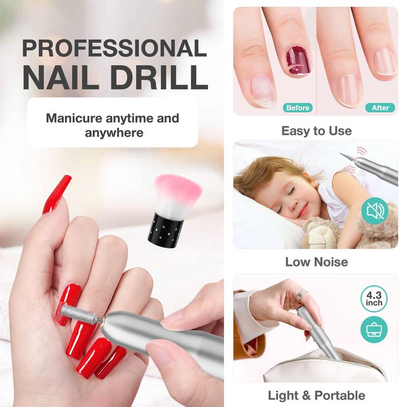 Electric Nail Drill Machine, 20000 RPM USB Electric Nail File Kit for Acrylic Nails Gel Professional and Home Salon - 6 File DIY Nail Polishing Drill Set Buffing Repair