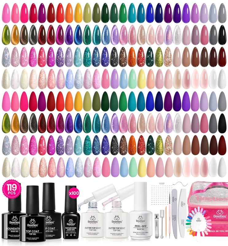 Beetles Gel Nail Polish Set,100 Colors Gel Polish Set Base Coat Glossy Matte Glitter Top Coat Gel Nail Polish Glitter Pearl Cat Eye Gel White Red Brown Green Blue Pink Nude Gel Gift for Women