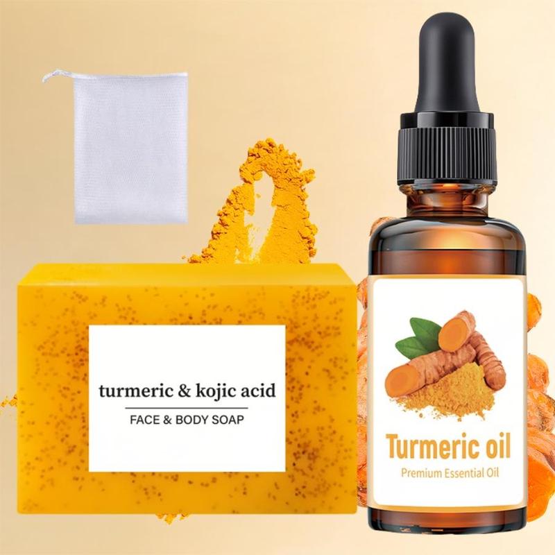 Turmeric Kojic Acid Soap & Turmeric Essential Oil with Soap Saver Bag, Facial and Body Care, Moisturizing Skincare Product for for Women & Men, Christmas Gift