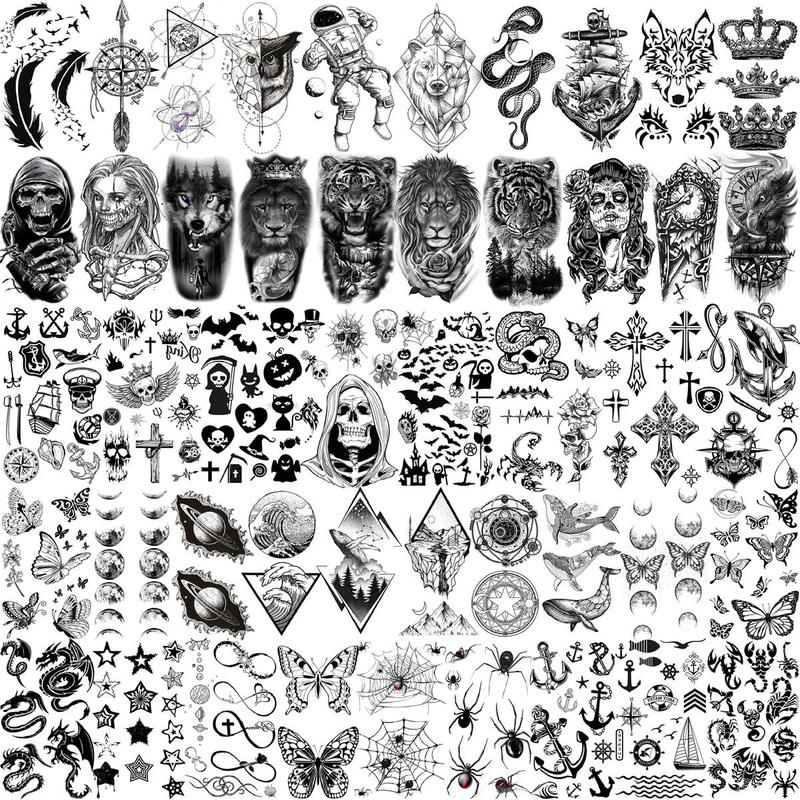 3D Black Skull Gothic Temporary Tattoos, 59pcs set 3D Skull & Animal Pattern Tattoo Sticker, Fake Tattoos for Adult & Teens, Temporary Tattoo for Adults, Fake Tattoo for Party & Daily Life, Summer Gifts