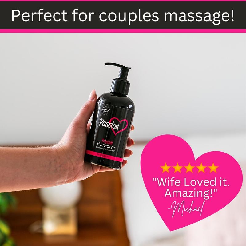 Passion Sensual Massage Oil for Date Night & Massage Therapy | Hydrating Body Oil for Couples | Smooth Glide & Moisturizing Skin, Tropical Scent