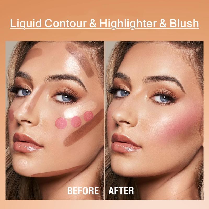 URQT Highly Pigmented Liquid Contour - Built-in Sponge Tip Sculpted Complexion Wand Contour Long Lasting Natural Buildable Highlighters Contour Contouring Bronzer (Contour+Blush+Highlighter)