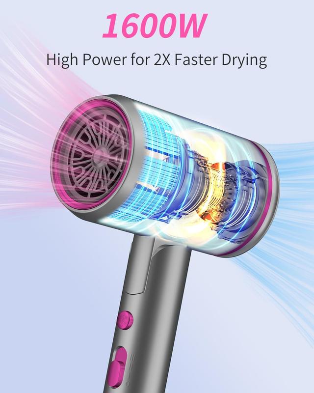 Portable Ionic Hair Dryer, Foldable Handle Hair Dryer,1600W Blow Dryer with Diffuser Concentrator Comb Nozzle,Intelligent Temperature Control,Low Noise for Home Salon Travel (Grey)