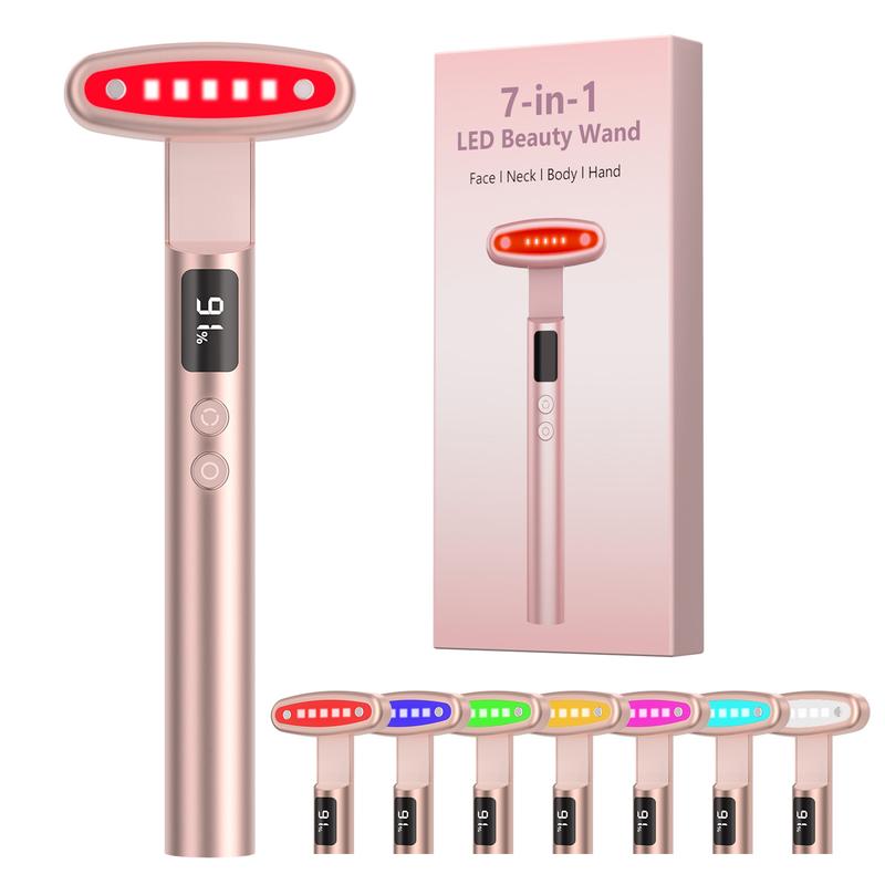 The Red Light Therapy for Face, 7 in 1 Led Beauty Wand for Eyes and Neck,Battery Level Display,Facial Massager Wand Red & Blue Rejuvenation Face & Eye Massager Comfort Skincare Tool-Rose Gold