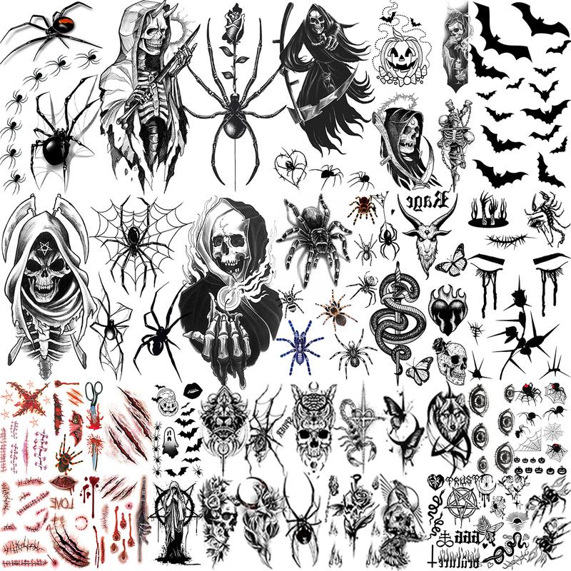 12 Sheets Large-Size Black Temporary Tattoos Stickers,24 Sheets Small-Size Black Temporary Tattoos Stickers,Forearm Designs Featuring Tribal, Wolf, Tiger, Lion, Owl, Skeleton Skull, Temp Halloween Fake Tattoo Stickers, Rose, and Animals