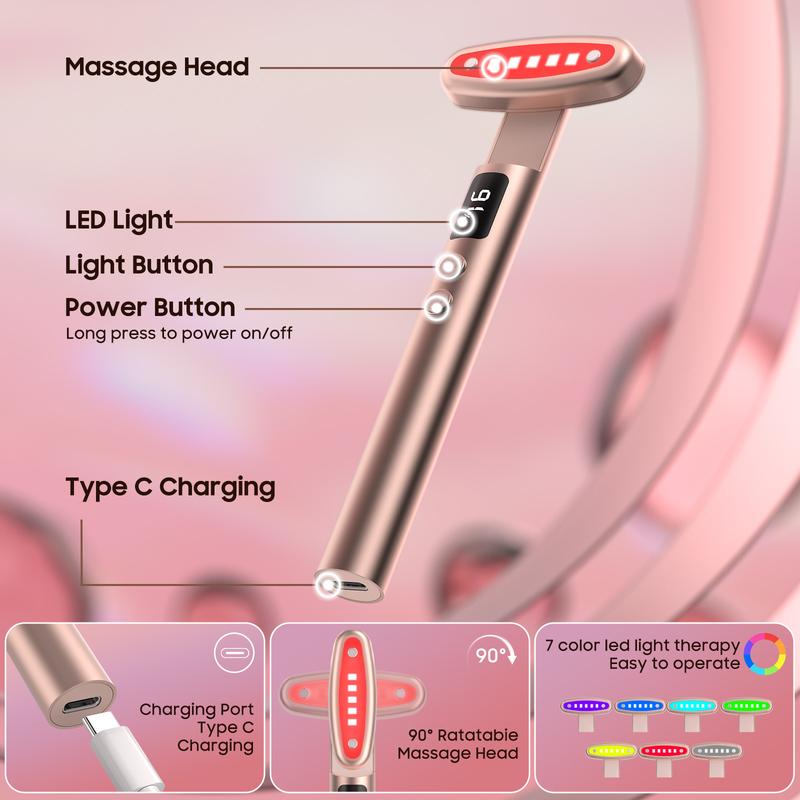 The Red Light Therapy for Face, 7 in 1 Led Beauty Wand for Eyes and Neck,Battery Level Display,Facial Massager Wand Red & Blue Rejuvenation Face & Eye Massager Comfort Skincare Tool-Rose Gold