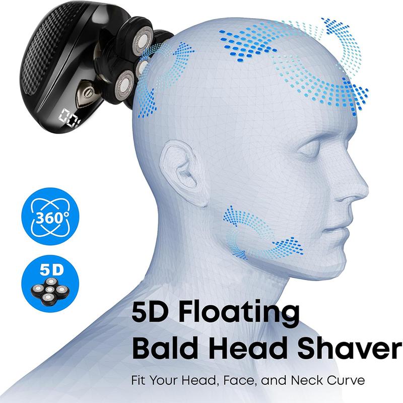 5 in1 Rotary Electric Shaver LCD Rechargeable Bald Head Hair Beard Trimmer Razor Wet Dry, Detachable Head Shavers, SHPAVVER 5D Electric Razor Waterproof for Bald Men, Wet Dry LED Display Rechargeable Rotary Shaver Grooming Kit, Mens Gift Smooth Brush