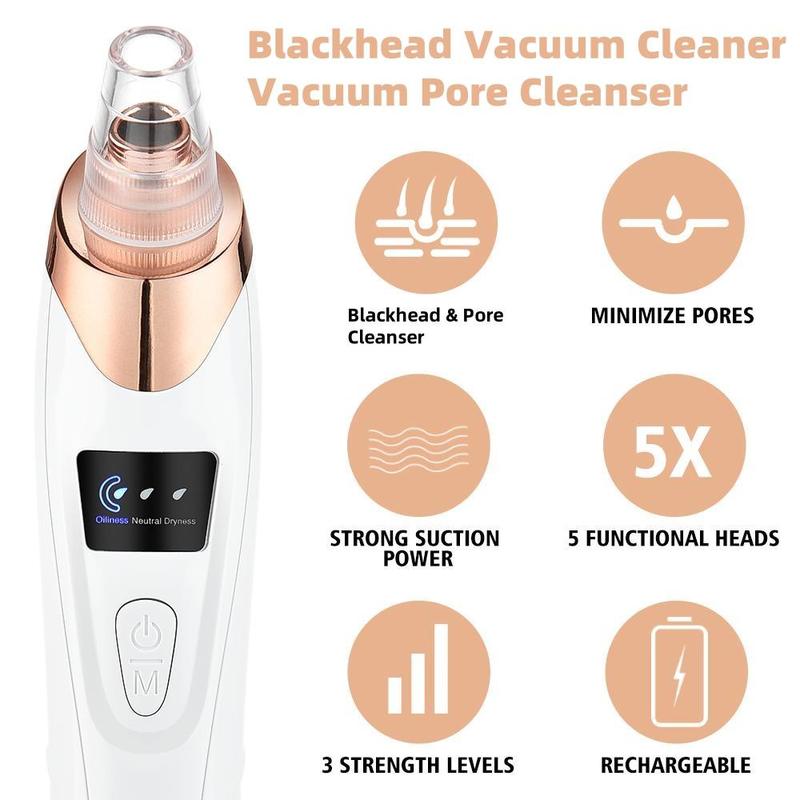 USB Rechargeable Blackhead Extractor with 3 Speed Suction & 5 Replaceable Blackhead Extractor Heads, Facial Skin Care Tool, Facial Pore Cleaner