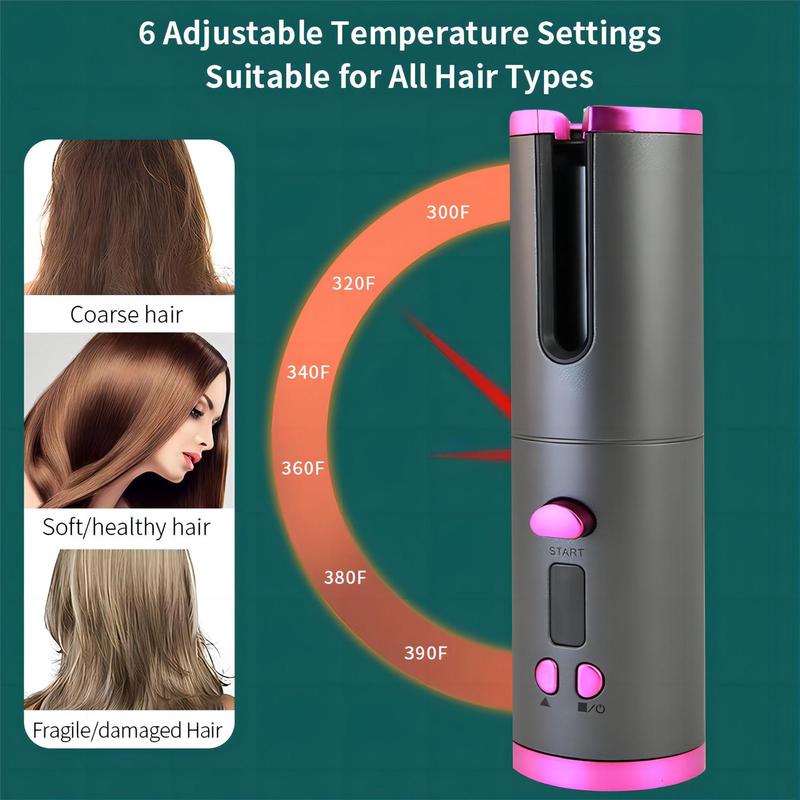 Automatic Rotating Curling Iron, 1 Count Cordless Rechargeable Hair Curler with 6 Temperatures, Portable Hair Styling Tool for Women