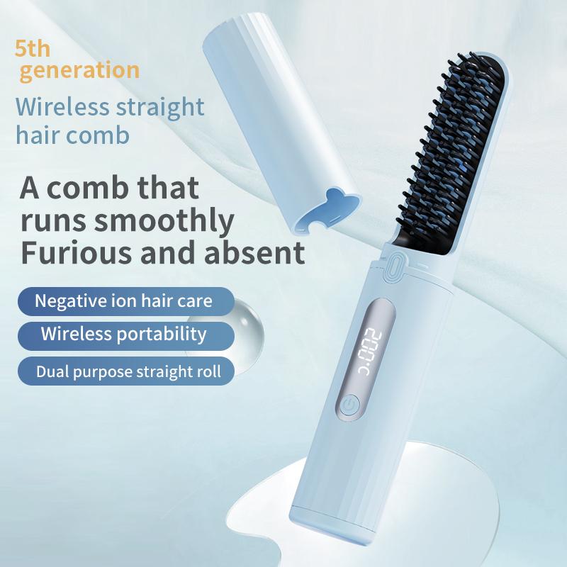 Portable Cordless Hair Straightener Brush,Negative Ion 2 in 1 Hair Straightener Styling Comb and Curling Comb,30s Fast Heating,USB Rechargeable Hair Straightening Brush for Travel