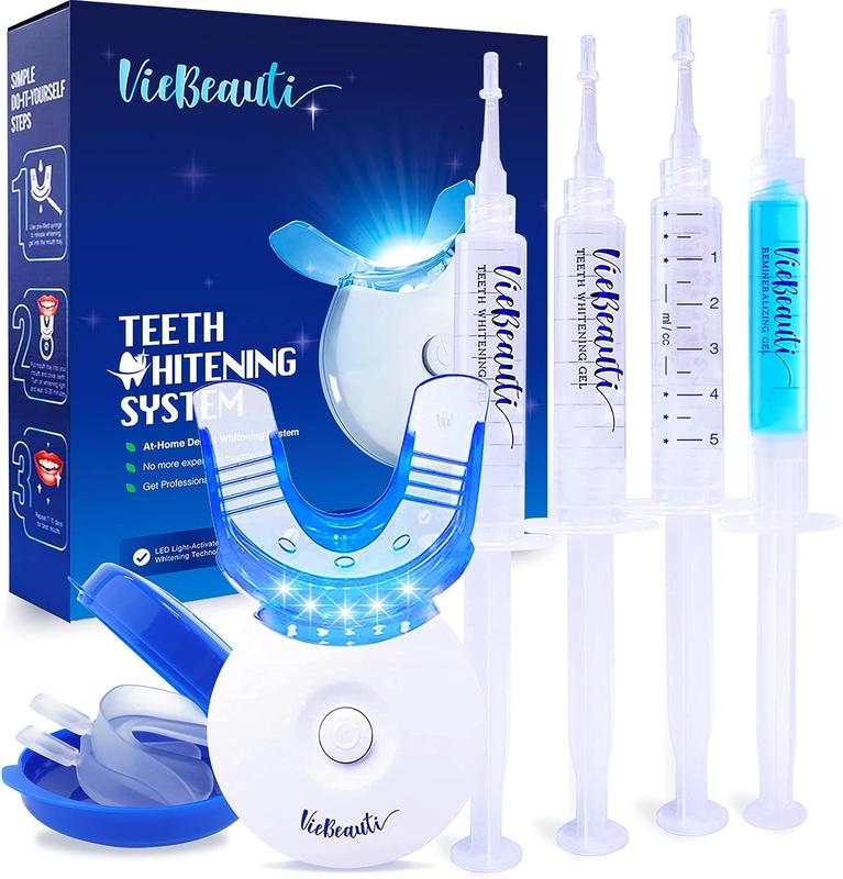 VieBeauti Teeth Whitening Kit: 5X LED Light with 35% Carbamide Peroxide, Mouth Trays, Remineralizing Gel, Timer & Tray Case for a Gleaming White Smile for Christmas gift Oral