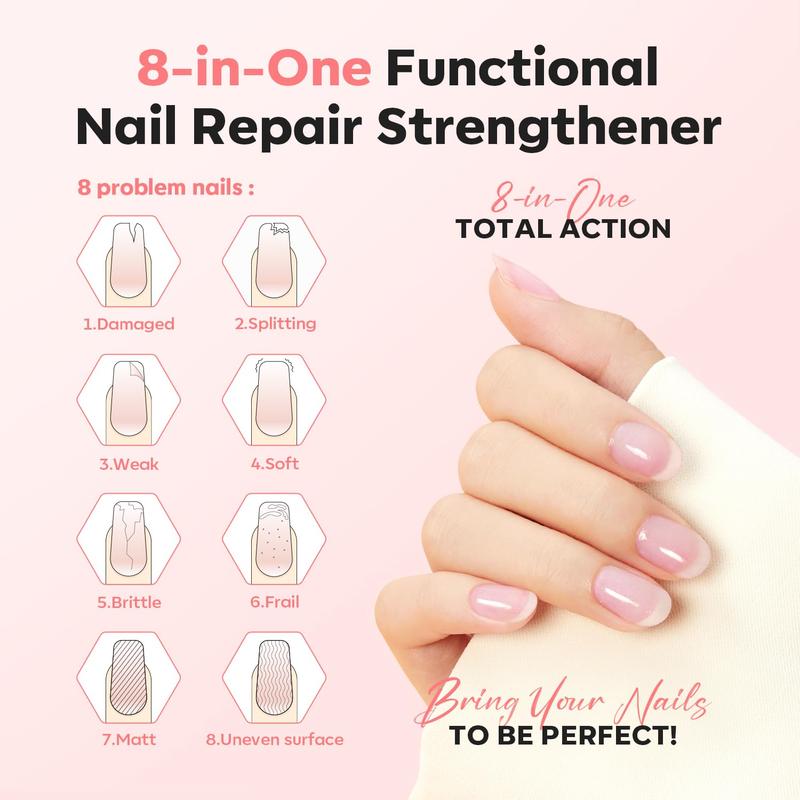 15ml 8-in-One Nail Ridge Filler Strengthener Base Coat Nail Polish Repair Nail Growth Treatment for Thin and Damaged Nails, Pink Glow