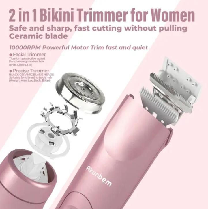 Akunbem Bikini Trimmer for Women, Electric Shaver and Razor Rechargeable 2-in-1 Body and Facial Epilator, Dual Heads for Painless Trimming of Pubic Hair, Face, Underarms and Legs, IPX7 Waterproof. Christmas Gift New Year Gift