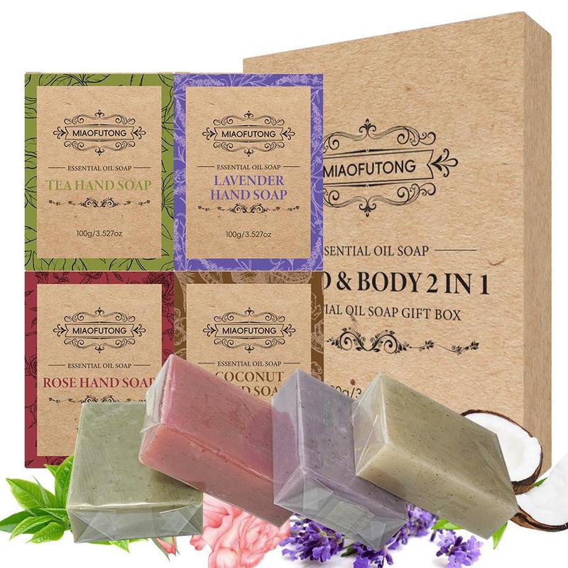 Rose & Lavender & Tea Tree & Coconut Handmade Soap, 4 Counts set Natural Exfoliating Soap Bar, Body Wash & Cleansers for Women