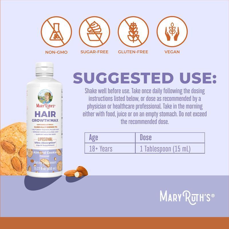 MaryRuth's Hair Growth Max Liposomal - Lustriva + Biotin 10000mcg + Pumpkin Seed Oil - Thicker Hair - Improve Wrinkles & Fine Lines - 15.22 Fl Oz