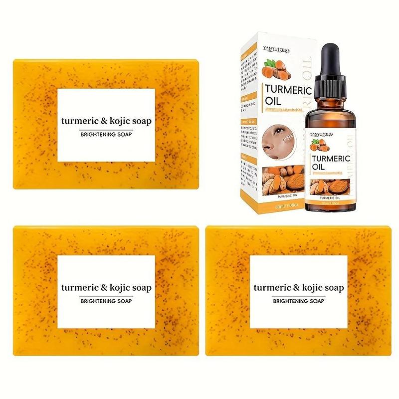 Turmeric Bar Soap & Essential Oil Set, 4 Counts set including 3 Soap Bars & 1 Turmeric Essential Oil, Facial Skin Care Product