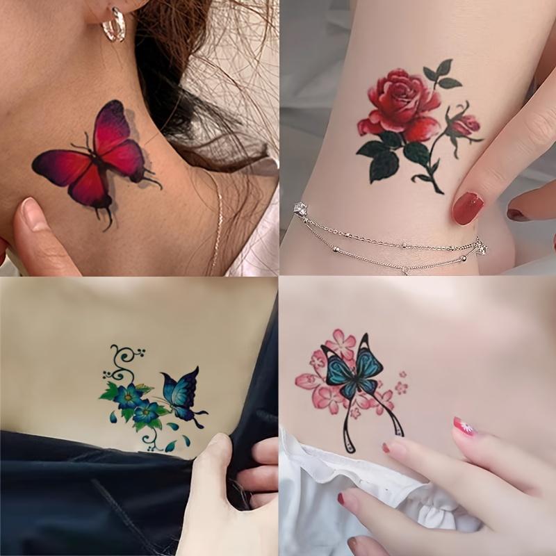 20 Pieces Waterproof Temporary Tattoo, Long Lasting Fake Tattoo Stickers with Rose and Butterfly Design for Face, Arm, Back, Leg Body Art-Rectangle