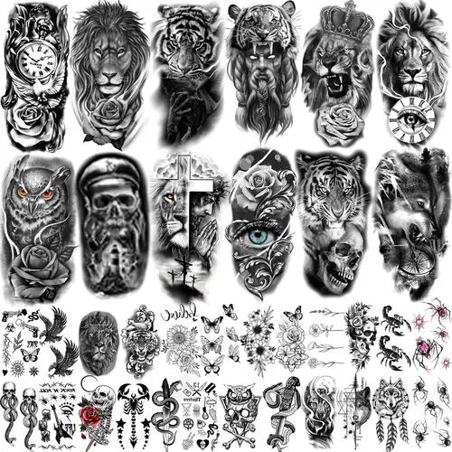 Death Skull Compass Flower Fake Tattoo Headband 36pcs Large Black Arm Temporary for Men's Forearm Women's Thigh Temporary Paper Adults No Fading