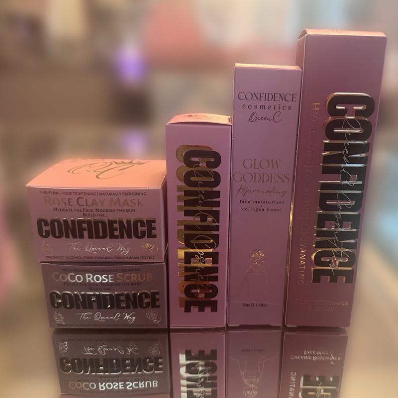 5pc Confidence Cosmetics self care skincare set: Rosewater Face Mist+Moisturizer+Serum+Rose Clay+Body Scrub Nourishing Radiant Body Care