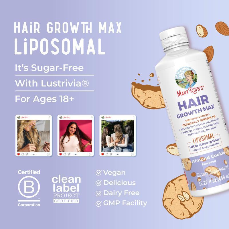 MaryRuth's Hair Growth Max Liposomal - Lustriva + Biotin 10000mcg + Pumpkin Seed Oil - Thicker Hair - Improve Wrinkles & Fine Lines - 15.22 Fl Oz