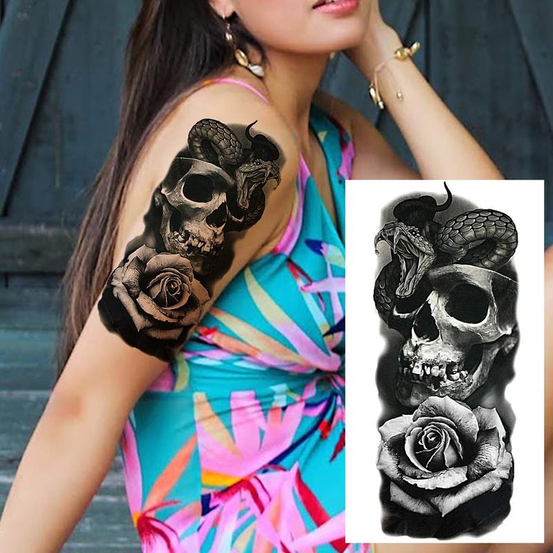 Snake & Rose & Skull Head Pattern Temporary Tattoo Sticker, 1 Count Arms & Legs Tattoo Sticker, Body Decoration for Men & Women