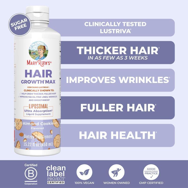 MaryRuth's Hair Growth Max Liposomal - Lustriva + Biotin 10000mcg + Pumpkin Seed Oil - Thicker Hair - Improve Wrinkles & Fine Lines - 15.22 Fl Oz