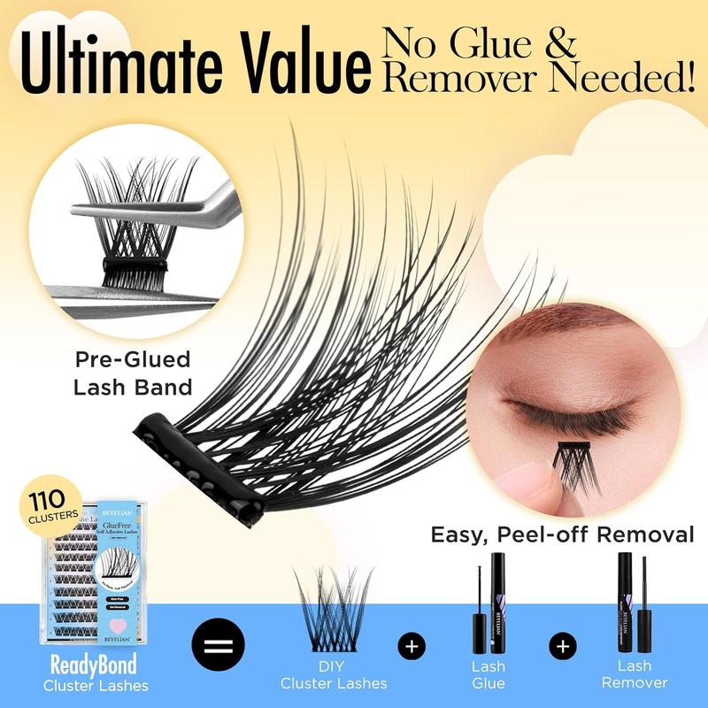 Self-adhesive False Eyelashes Clusters, D Curl Lash Clusters Kit with Lash Tweezer 10-16mm, Press On Eyelashes No Glue Needed Lash Extension Kit,Self Stick Cluster Lashes 110 PCS