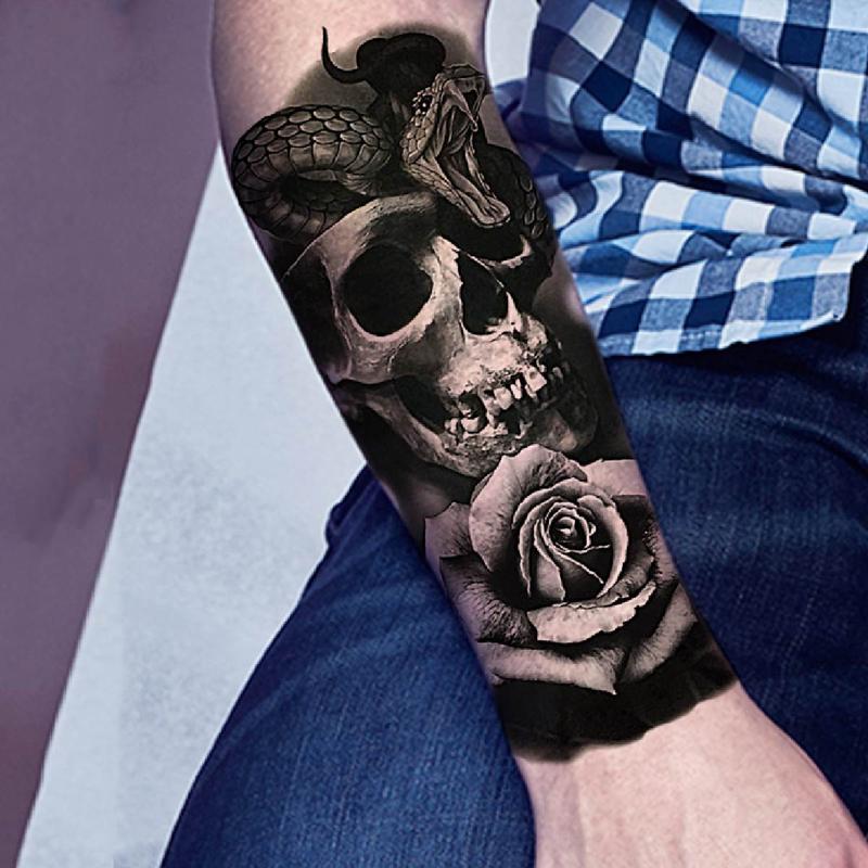 Snake & Rose & Skull Head Pattern Temporary Tattoo Sticker, 1 Count Arms & Legs Tattoo Sticker, Body Decoration for Men & Women