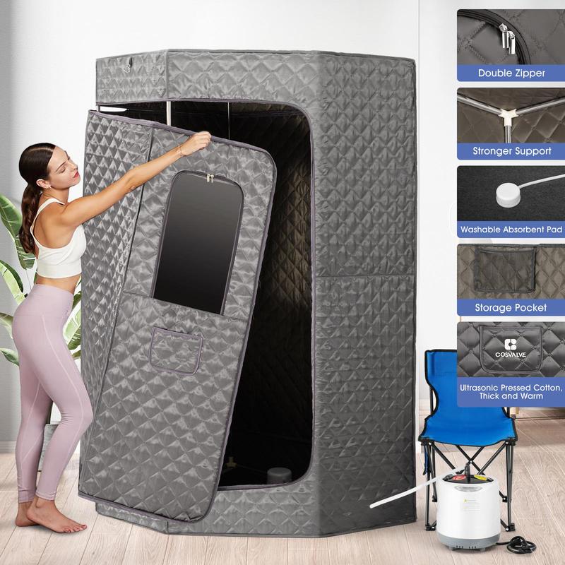 Full Size Portable Sauna Tent, Sauna Box, Personal Indoor Steam Sauna Room with 4L 1600W Steam Generator, Folding Chair, Remote Control Timer for Spa Relaxation, Gray