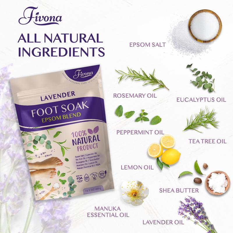 Fivona Foot Soak Epsom Salt with Lavender Oil - 14.1 oz Aroma Calming Soothing Nails