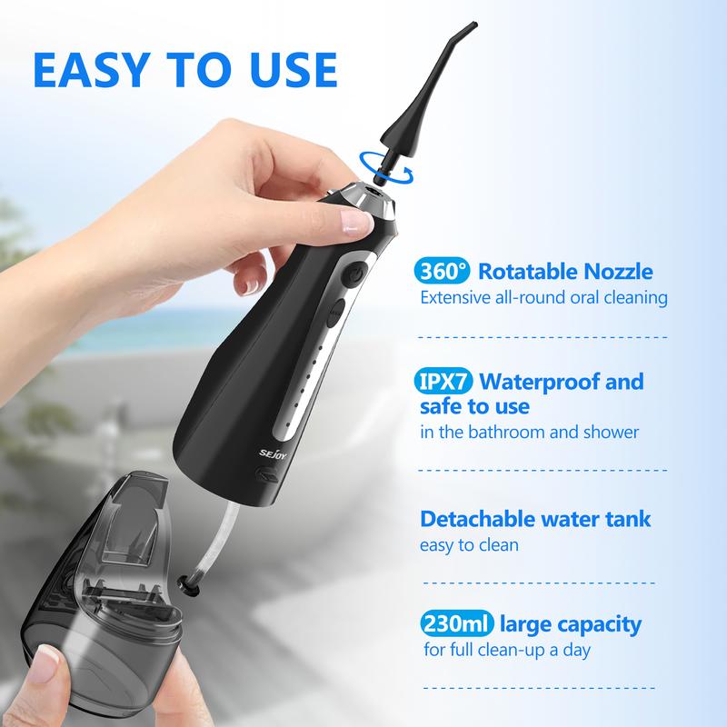 Sejoy Water Flosser for Teeth Cleaning, Electric Portable, 5 Cleaning Modes 8 Jet Tips, IPX7 Waterproof, 230ml, for Travel and Home