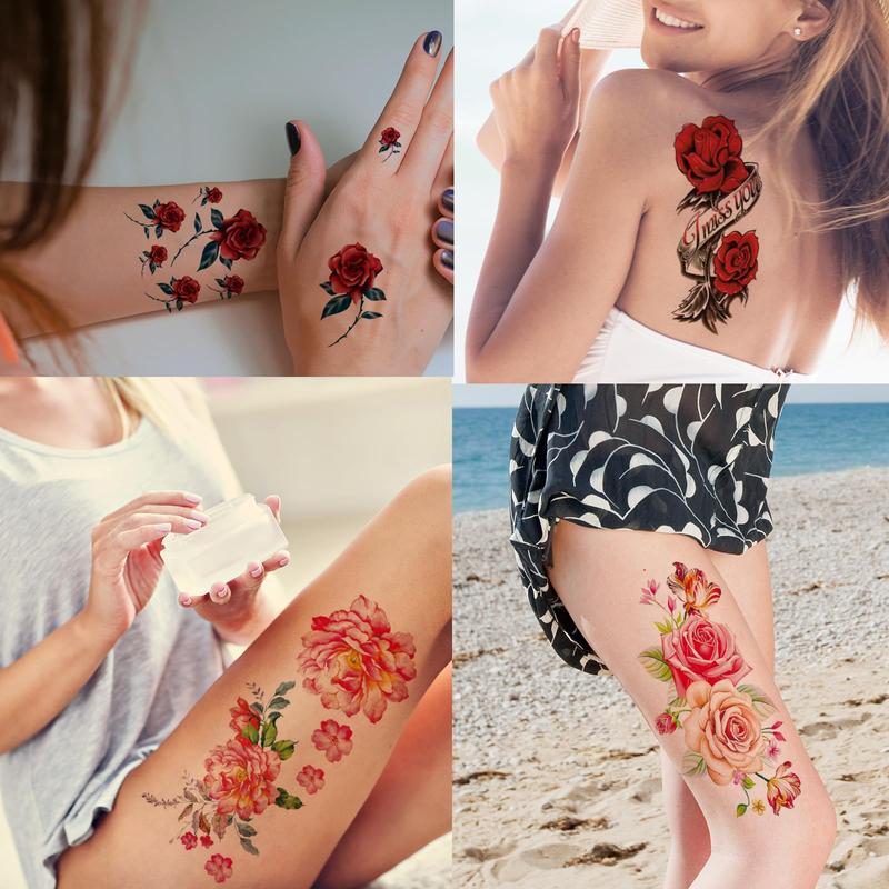 82 Sheets Flowers Temporary Tattoo Stickers, Roses, Butterflies and Multicolor Mixed Style Body Art Temporary Tattoos for Women