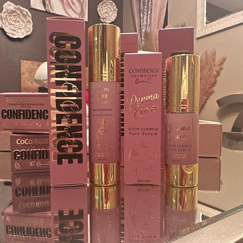 5pc Confidence Cosmetics self care skincare set: Rosewater Face Mist+Moisturizer+Serum+Rose Clay+Body Scrub Nourishing Radiant Body Care