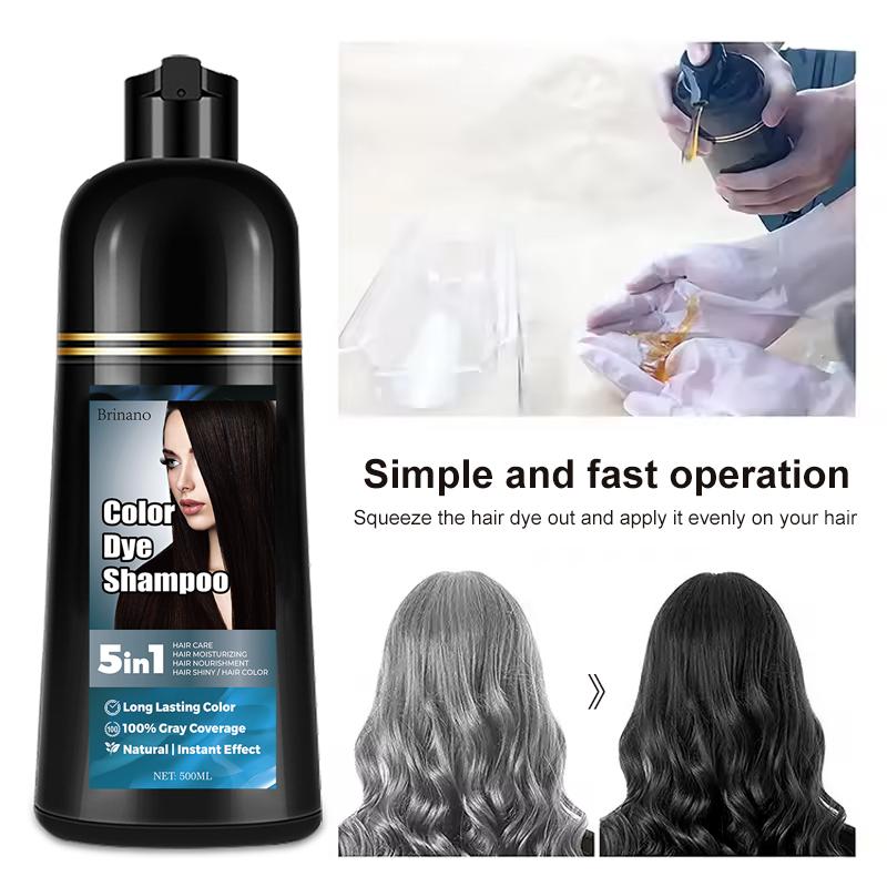 Black hair dye shampoo covers 100% gray hair, suitable for both men and women. Hair dye shampoo 5-in-1, long-lasting and professional without irritating odor, easy to operate, hair care, nourishment, moisturizing, hair gloss 500ml Haircare Color Gift