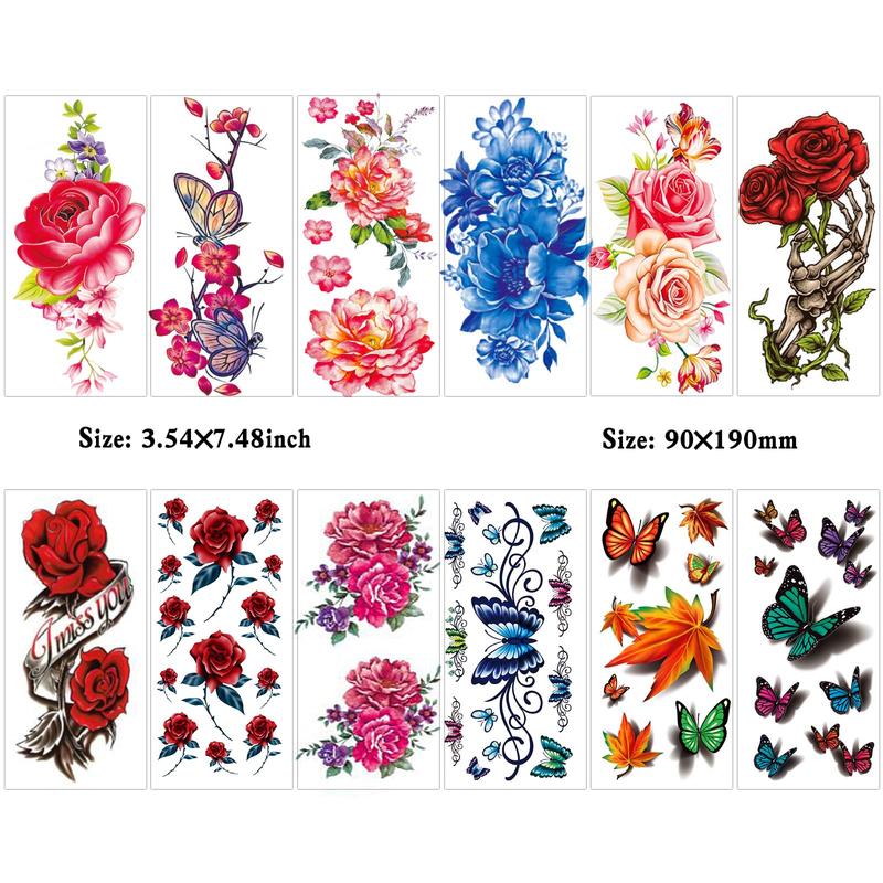 82 Sheets Flowers Temporary Tattoo Stickers, Roses, Butterflies and Multicolor Mixed Style Body Art Temporary Tattoos for Women