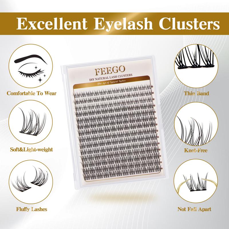 FEEGO Natural Lash Extensions Kit Lash Clusters Kit 9-12mm C Curl Individual Lashes Clusters Waterproof Wispy Eyelashes Extensions Kit Cosmetic Makeup