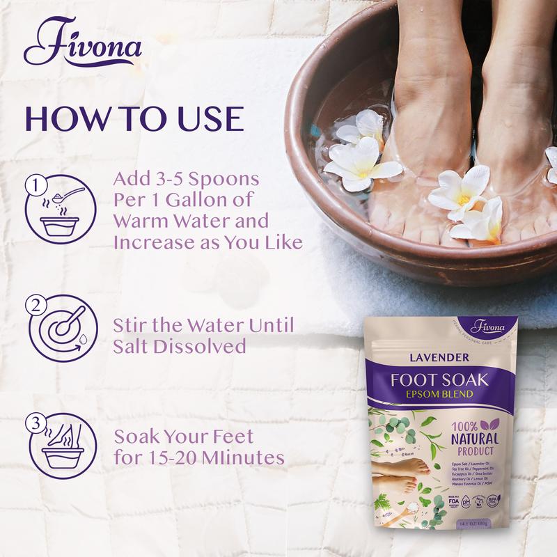 Fivona Foot Soak Epsom Salt with Lavender Oil - 14.1 oz Aroma Calming Soothing Nails