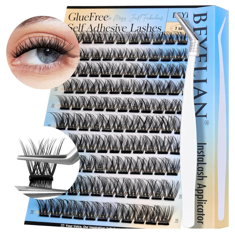 Self-adhesive False Eyelashes Clusters, D Curl Lash Clusters Kit with Lash Tweezer 10-16mm, Press On Eyelashes No Glue Needed Lash Extension Kit,Self Stick Cluster Lashes 110 PCS