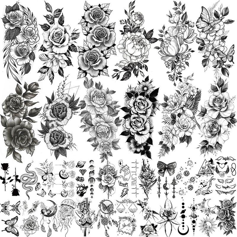 Death Skull Compass Flower Fake Tattoo Headband 36pcs Large Black Arm Temporary for Men's Forearm Women's Thigh Temporary Paper Adults No Fading